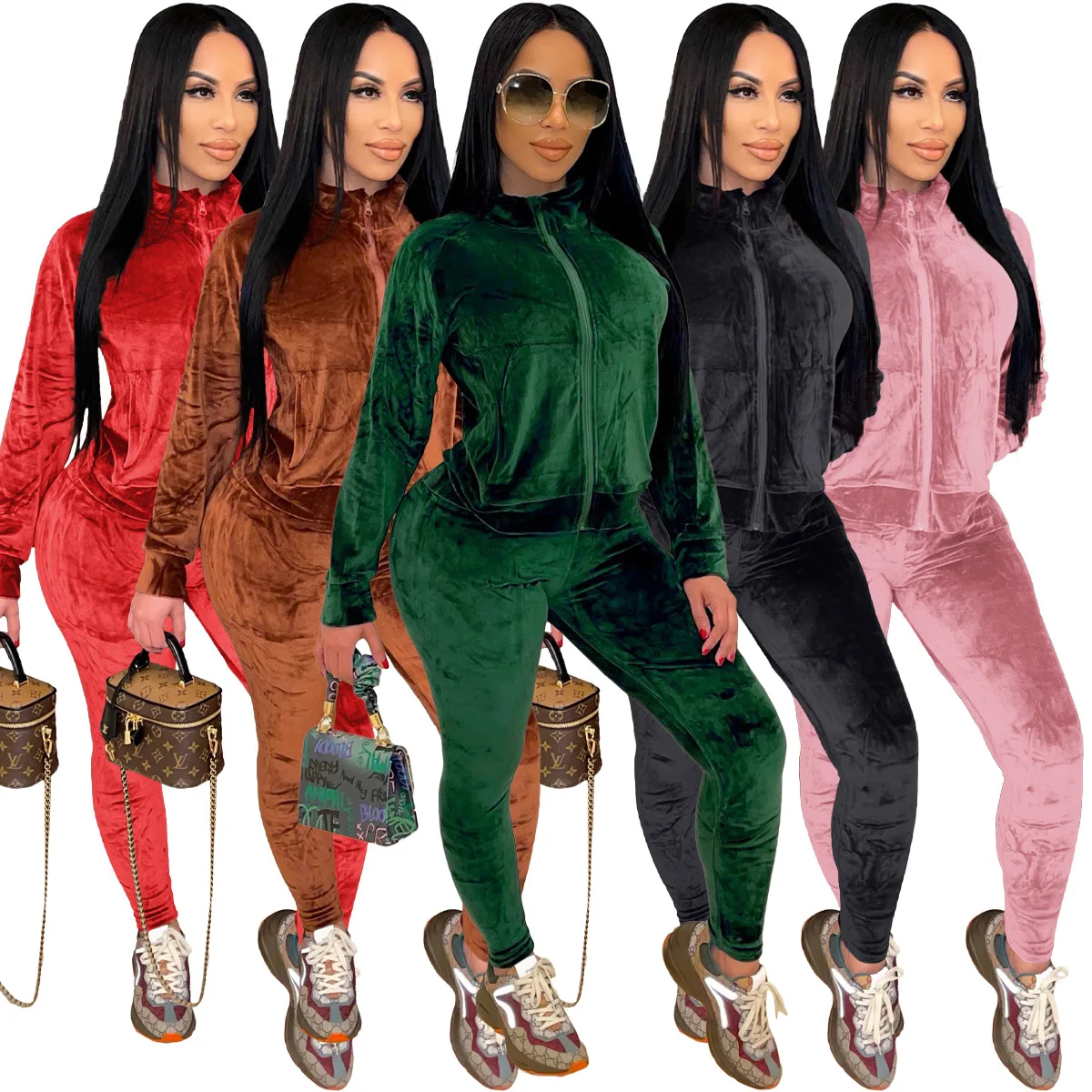 

2023 new arrivals velvet fabric long sleeve zipper blank ladies custom velour tracksuit 2 piece jogger set women