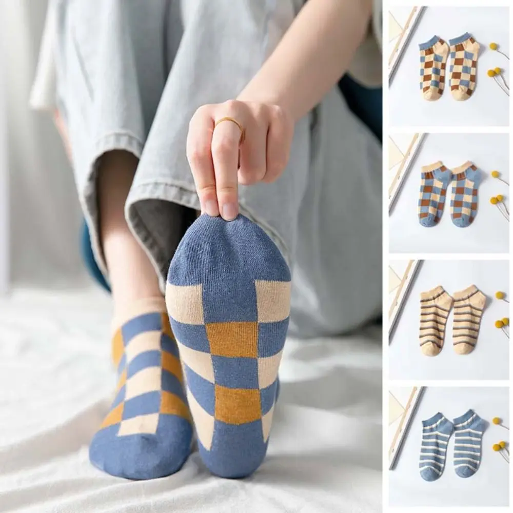 

10Pairs Korean Style Grid Stripe Ankle Socks Colorful Thin Women Tube Socks Hosiery Non-slip Simple Mid-calf Socks Autumn