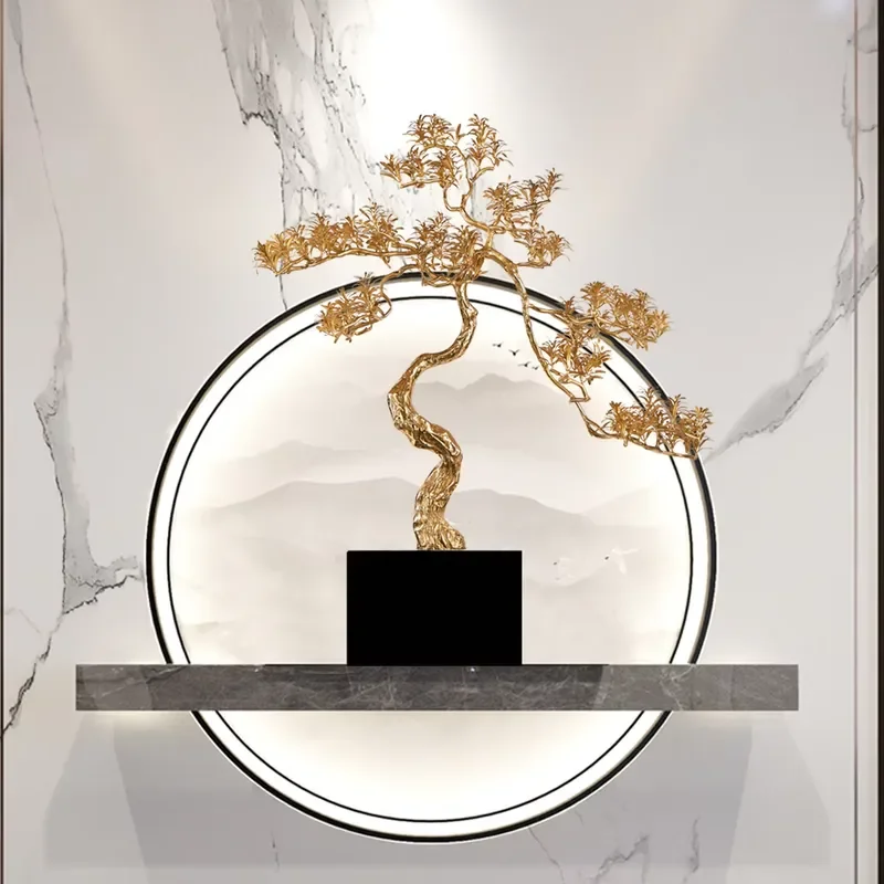 Golden Pine Lucky Copper Tree Desktop Ornament for Home Office Living Room Decoration Prayer Crafts Feng Shui Wealth Gift