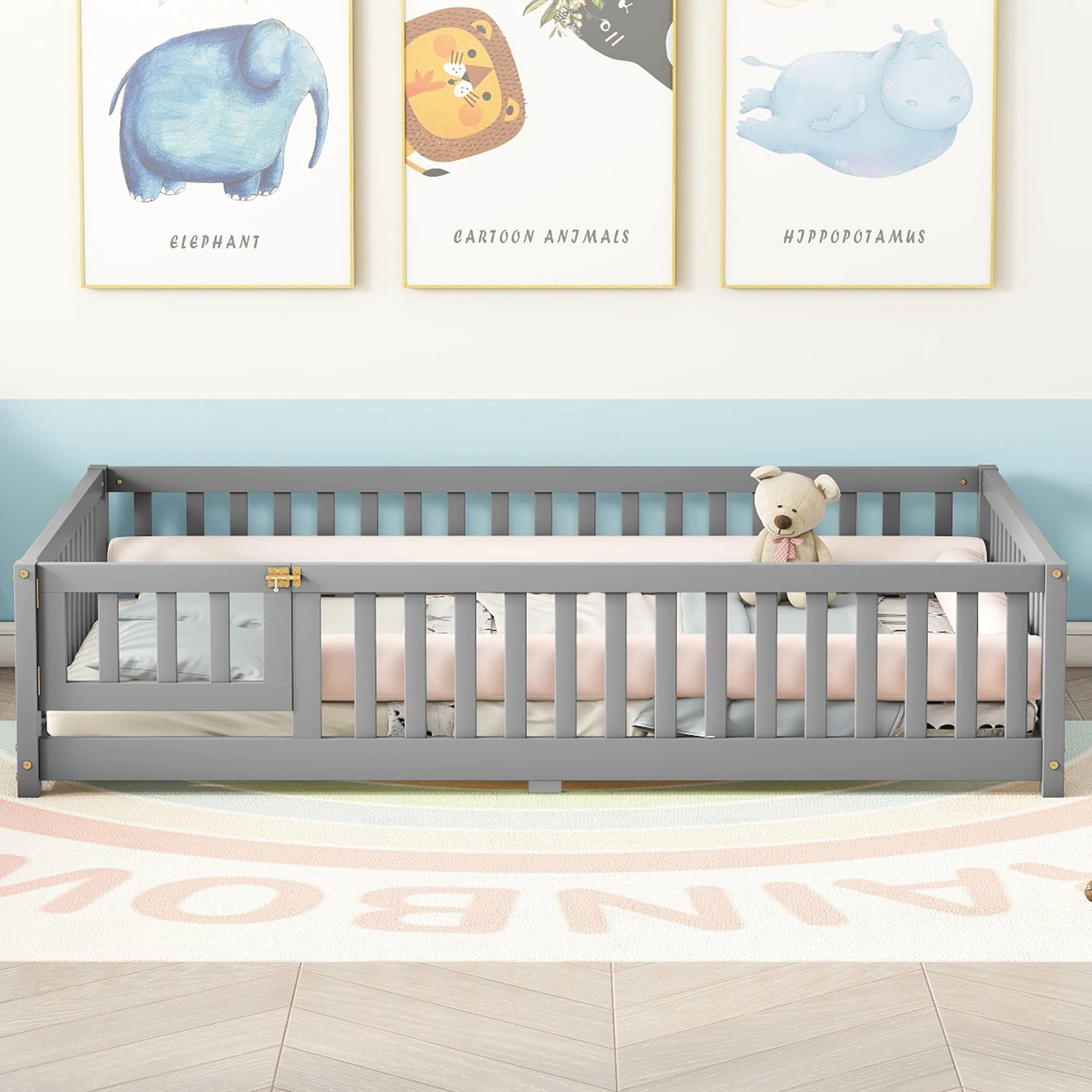 إطار سرير على الأرض للأطفال الصغار مع أبواب درابزين أمان، سرير دعم بشريحة خشبية، سرير بمنصة قابلة للفصل لغرفة نوم الأطفال والحضانة