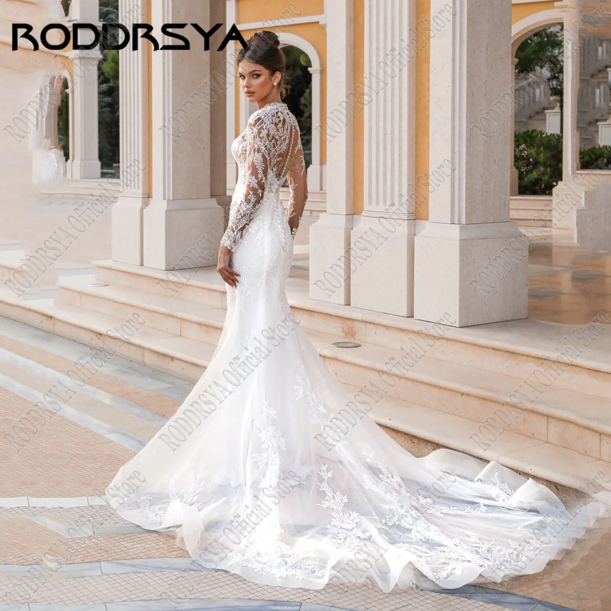 RODDRSYA 맞춤형 우아한 긴 웨딩 드레스 2025 풀 슬리브 Tulle Applique Sweep Train a 라인 여성 Vestidos De Novias