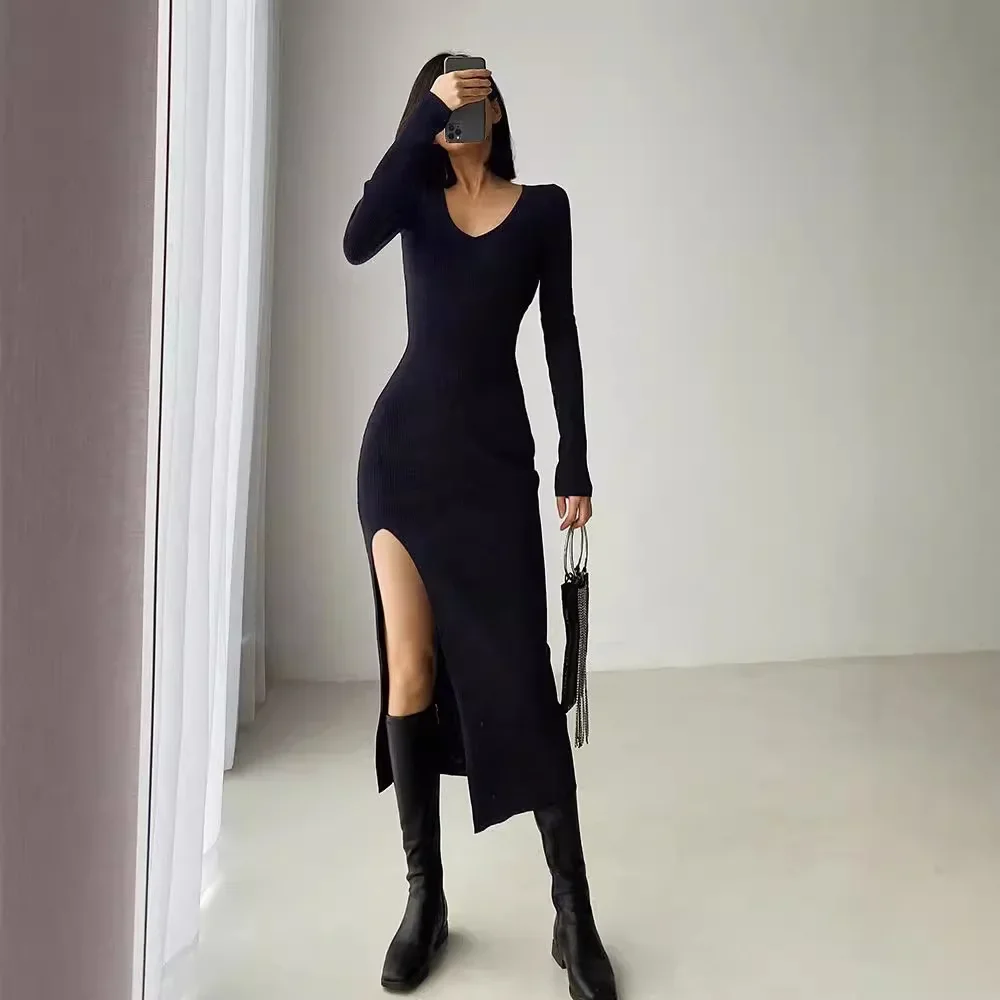 Cotton Black Knitted Dress Elegant High Spilt V-Neck Long Dresses Hollow-out Evening Party Gown Lady White Bodysuit Streetwear