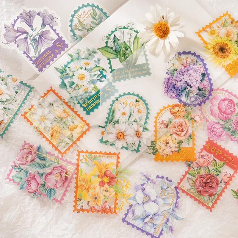 

30 pieces artistic handbags stickers PET transparent stickers flowers stamps colorful decorative materials stickers 6 kinds