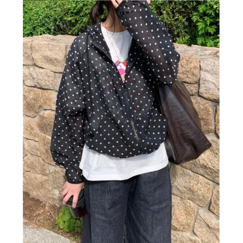Cute Polka Dot Transparent Light Coolness Sensation Women's Short Coat with Hat Summer Autumn Season Daily Wear Polyester Fiber