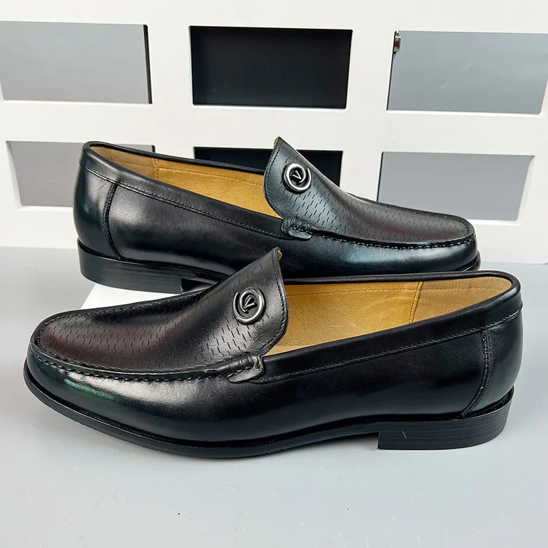 Classic Italian Design Mens Metal Loafers Black Genuine Leather Slip on Dress Shoes for Men Casual Business Formal Driving Shoes