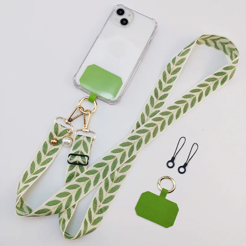 Adjustable Crossbody Long Mobile Phone Lanyard Wide Cloth Anti-Lost Neckband Women's Pearl Hanging Ornaments Strap Rope