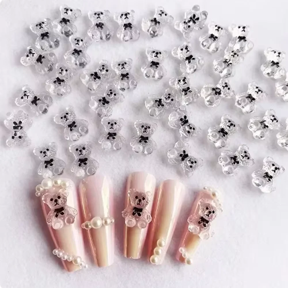 10Pcs Cute Bear Nail Art Charms 3D Resin Frosted Transparent Kawaii Bow Bear Nail Decoration Cartoon DIY Nail Accessories