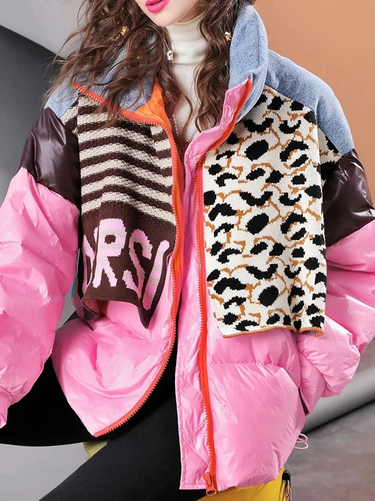 Chaqueta con capucha y estampado de bloques de Color de punto de gama alta, abrigo acolchado de pato blanco 90% holgado y grueso para invierno, nueva calle