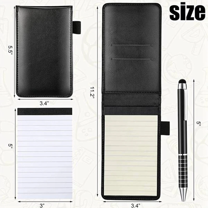 2 Pcs Black Mini Pocket Notepad Pu Business Notebook Notepad Multi-Function Notebook With Pen With 50 Lined Sheets