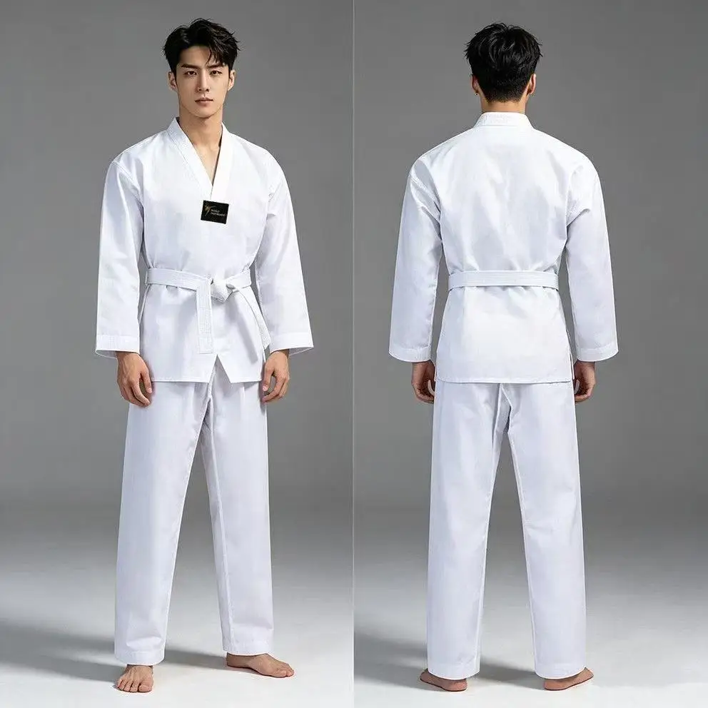 White Collar Taekwondo Uniform One Set Top and Pants TKD Uniforms Dobok Kids Adult Youth 8oz Poly/Cotton White Belt Included