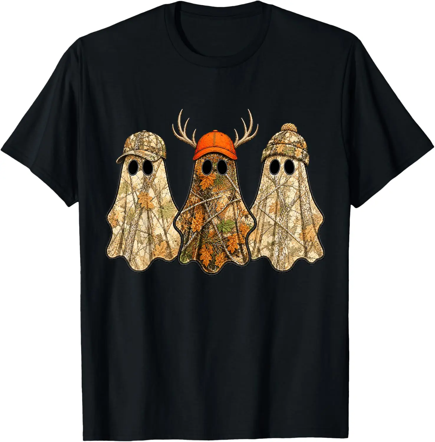 Camo Ghost Hunting Halloween Spooky Woodland Design T-Shirt Novelty Unisex Graphic T‑Shirt, Creative [Your Graphic Design] Print Tee, 100% Cotton Breathable Crew Neck Casual Short Sleeve Top, Gift Choice For Friends Family Daily Party
