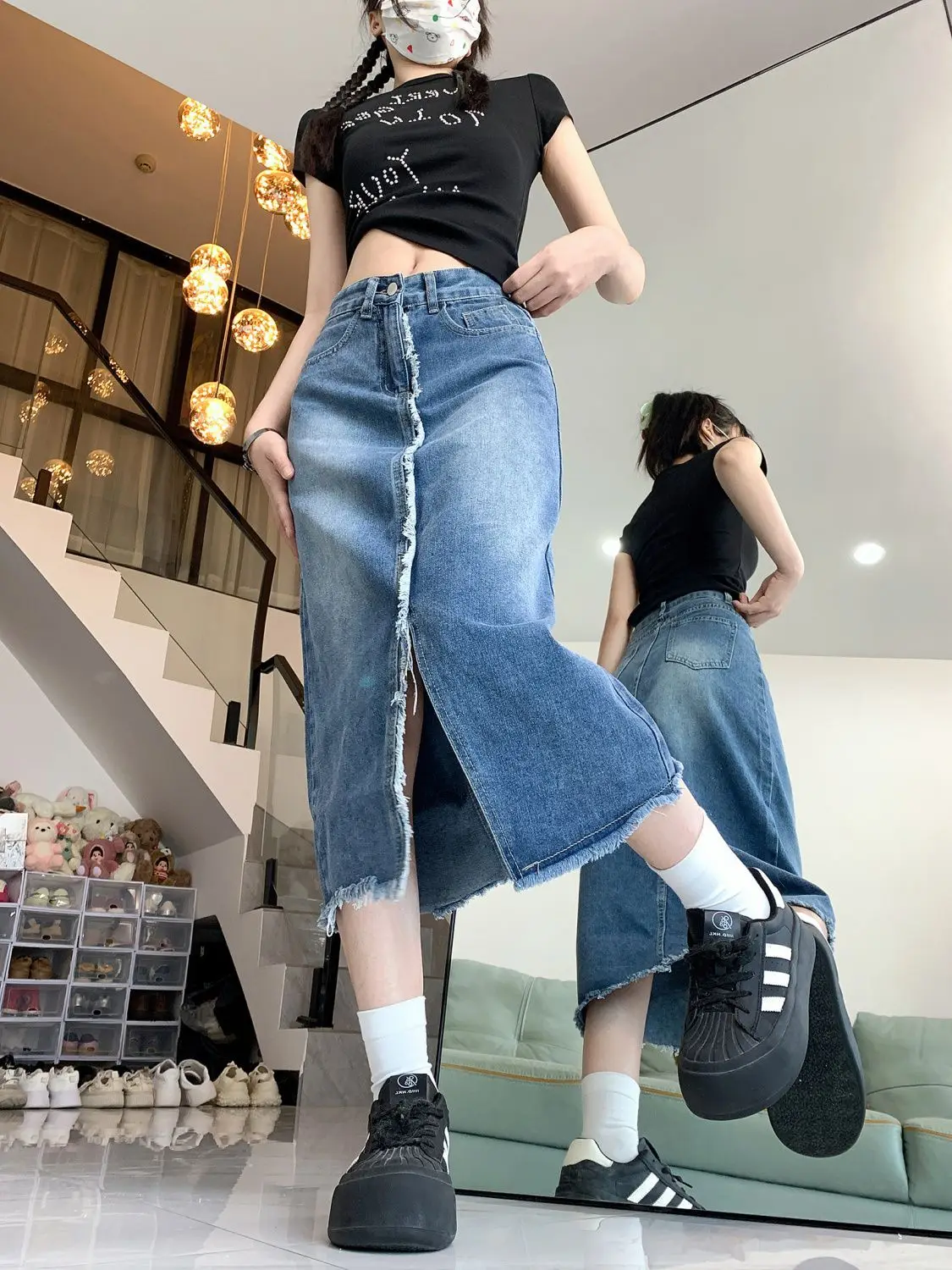 Saias jeans irregulares femininas, saia midi de cintura alta, saia linha A, streetwear casual, moda estilo europeu, verão