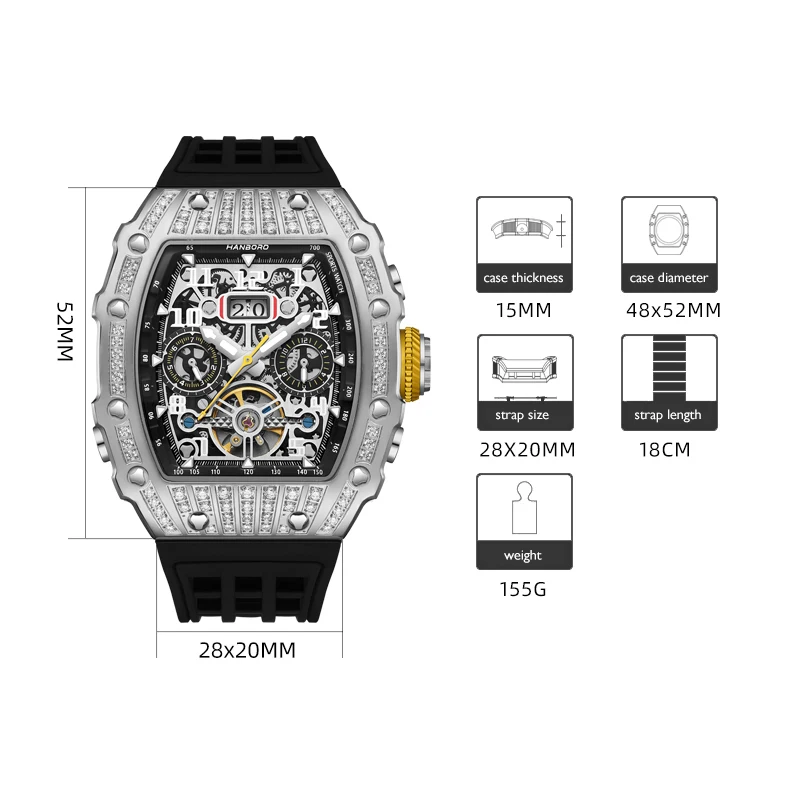 HANBORO Men Automatic Watch Luxury Mechanical Wristwatch Luminous Tonneau Waterproof Rubber Strap Multi-Functions Dial Crystal