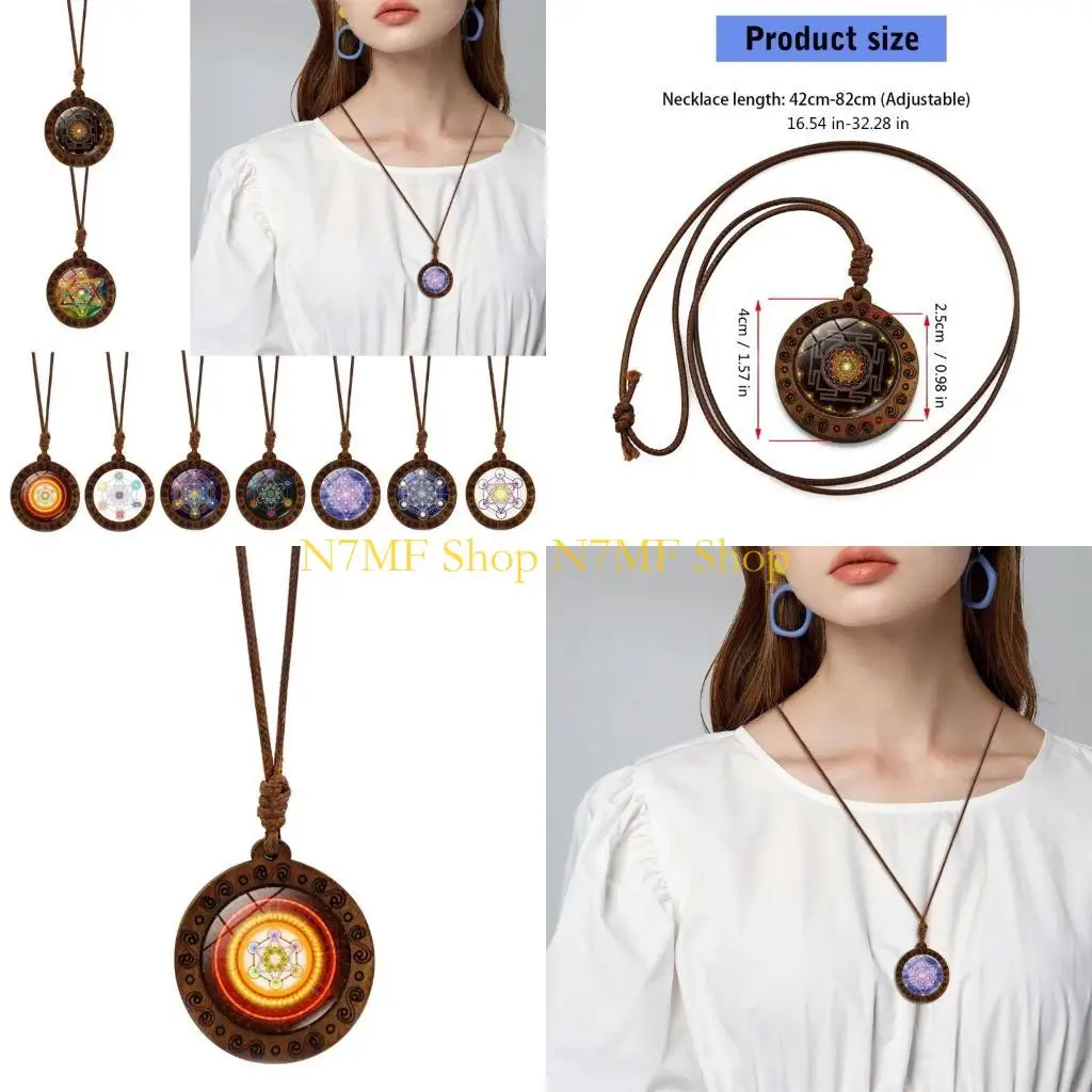 N7MF قلادة الخشب الروحية القلادة المقدسة والرمزية سري يانترا قلادة قلادة