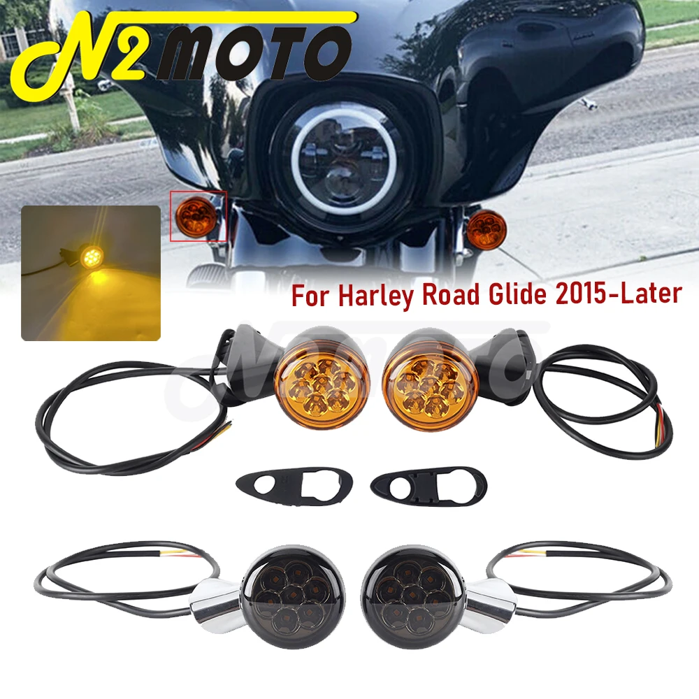 Motorcycle LED Turn Signals 4 Wires Front Blinker Lamp For Harley Touring Road Glide 2015-Later Amber Flashing Signal Indicators