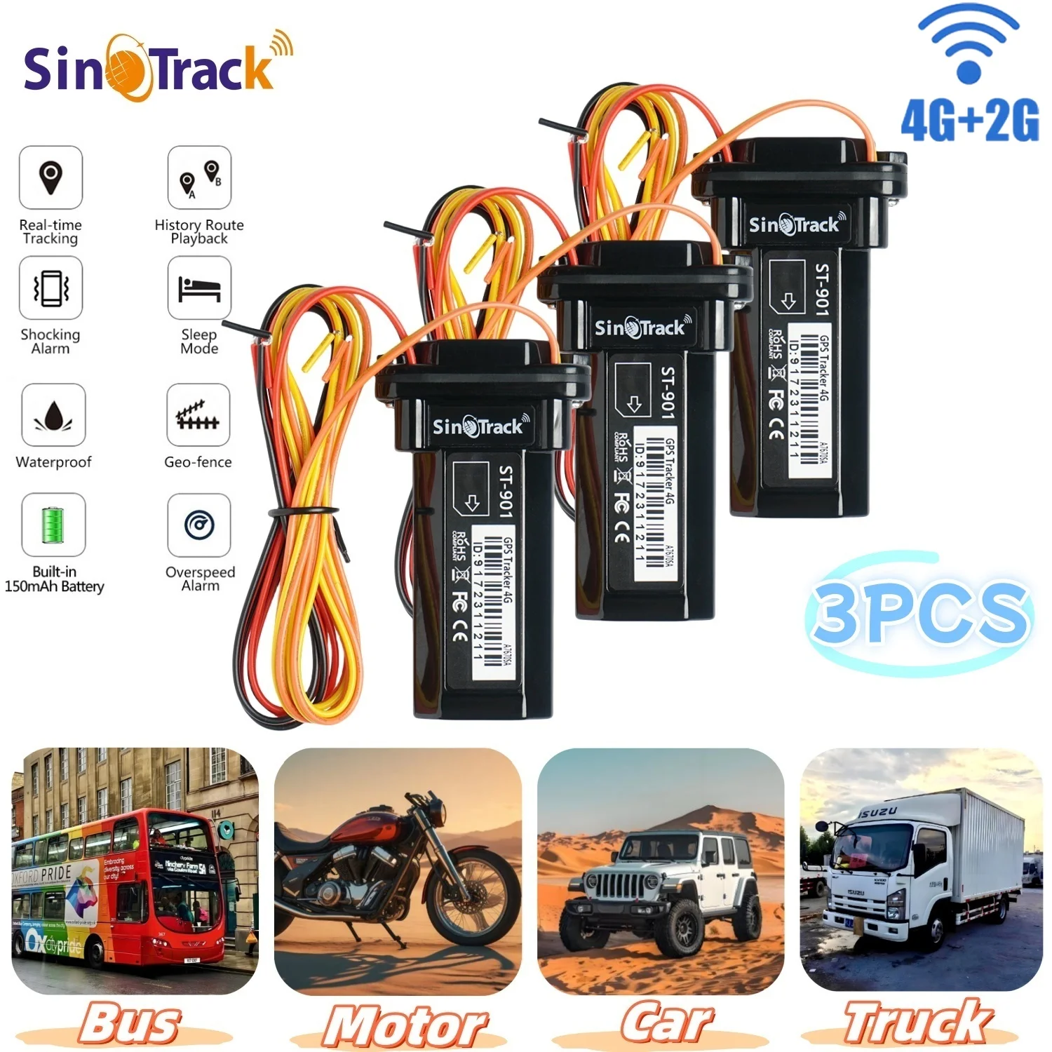 

SinoTrack 3 шт. мини-4G трекер ST-901L водонепроницаемый встроенный аккумулятор GPS для внедорожника, грузовика, автобуса, автомобиля, защита от кражи с бесплатным приложением