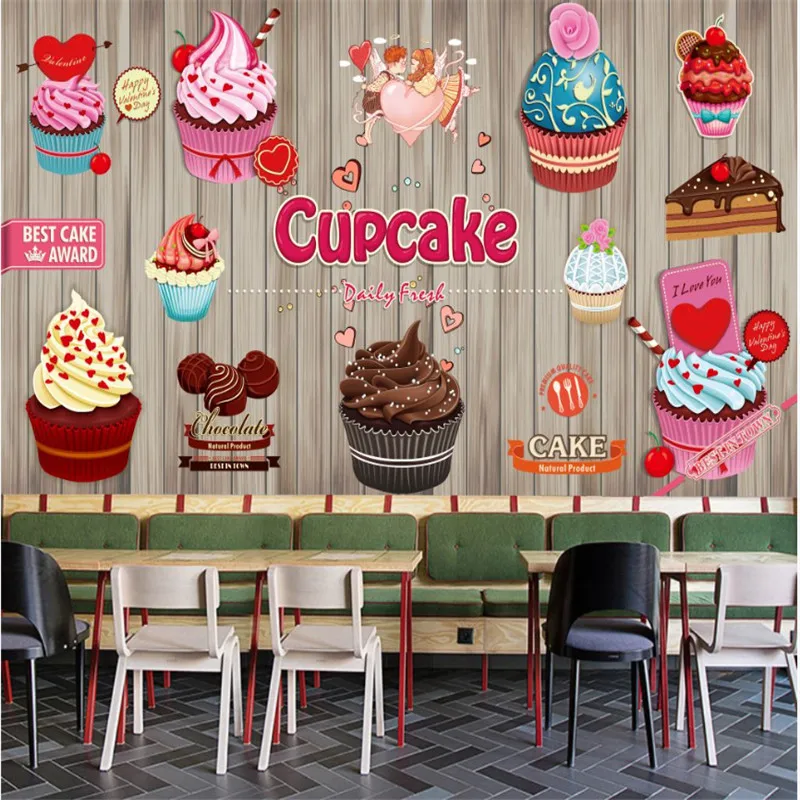 Cartoon Watercolor Cupcake Mural Wallpaper 3D for Cafe Cake Shop Dessert Store Bakery Industrial Decor Background Wall Paper 3D