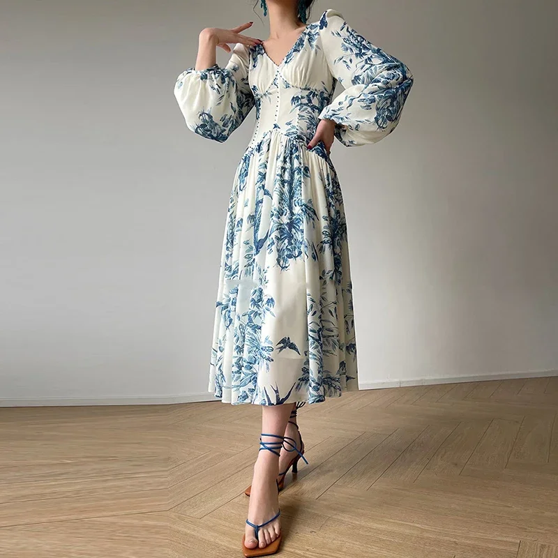 French Vintage Dress Women 2024 Spring V Neck Beaded Empire Chiffon Long Dress Autumn Printed Lantern Sleeve Hem Boho Maxi Dress