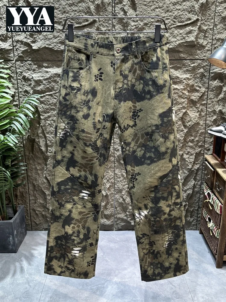 Male American Style Camouflage Jeans Pocket Mid Waist Snake Print Denim Trousers Fashion Spring Summer Loose Casual Long pants
