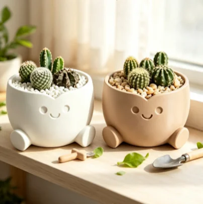 New Cute Smiling Human Shaped Planter Pot 3D Printed Mini Flower Pot Home Office Desk Gardening Decor Gift