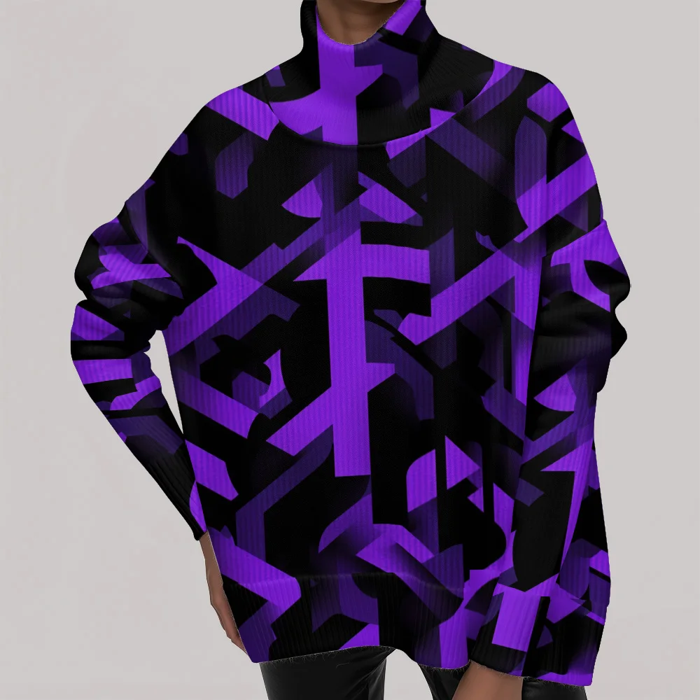 

2025 New Women's Abstract Geometry casual women's sweater Geometric color blocks Turtleneck sweater