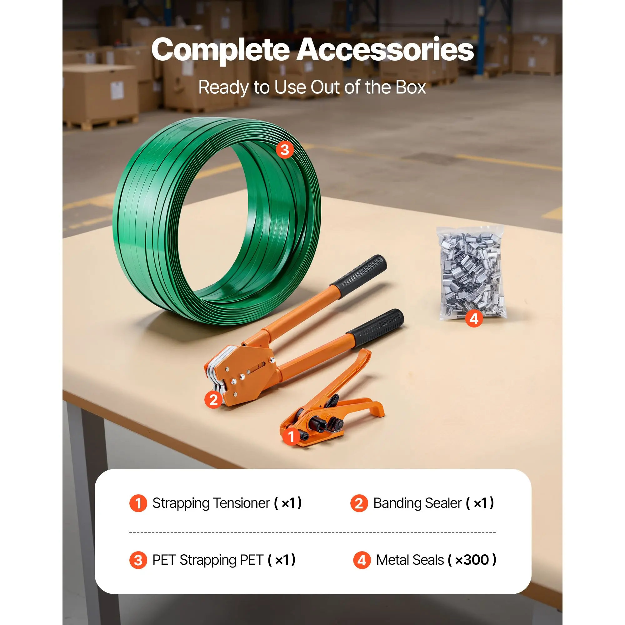 Banding Strapping Kit, Heavy Duty Sealer Tool with 1000 ft Length PET, 300 Metal Seals, Plastic Manual Pallet Packaging for