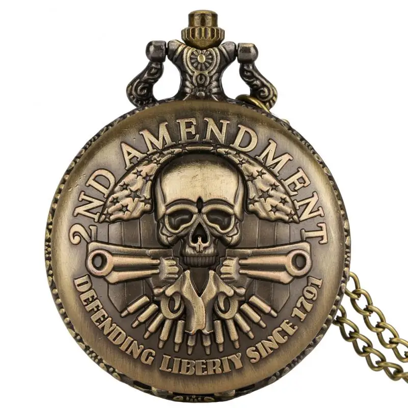 Unique Retro Gun Skull Quartz Pocket Watch with Necklace Chain Pendant DEFENDING LIBERTY SINCE 1791 2nd AMENDMENT MILITARY Clock