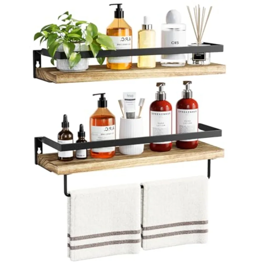 

Bathroom Shelves with Towel Bar, Floating Shelves, Wall Shelves for Bathroom/Living Room/Kitchen/Bedroom, Light Brown, Set of 2