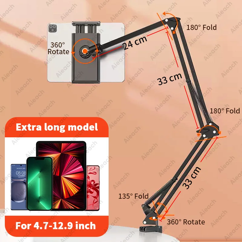 Tablethouder voor bed met 90 cm metalen arm iPad-standaard Tabletbeugel 360 °   Roterend bed Telefoonhouder voor 4,5 ~ 12,9 inch telefoontablet