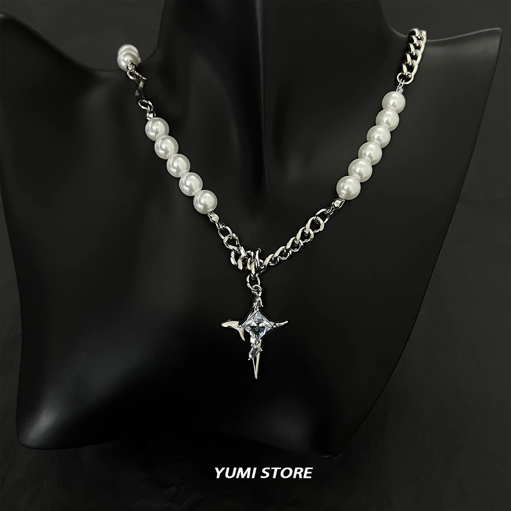 Trend Zircon Cross Pendant Necklace For Men Women Stainless Steel Imitation Pearl Chain Sweater Choker Kpop Hip Hop Jewelry Gift