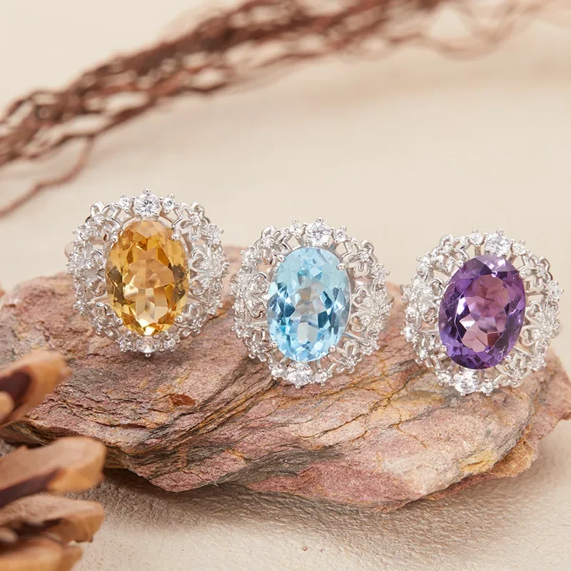 Natural topaz amethyst citrine ring women's s925 silver Xiaohongshu Douyin live stream colorful jewelry explosion