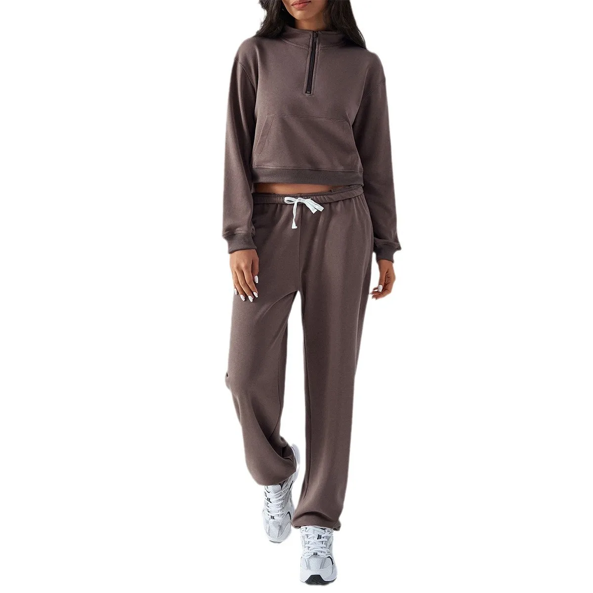 2025 Autumn and Winter Leisure Sports Style, Solid Color Half-zipper Long-sleeved Sweater Pants Set Roupas Femininas Conjuntos