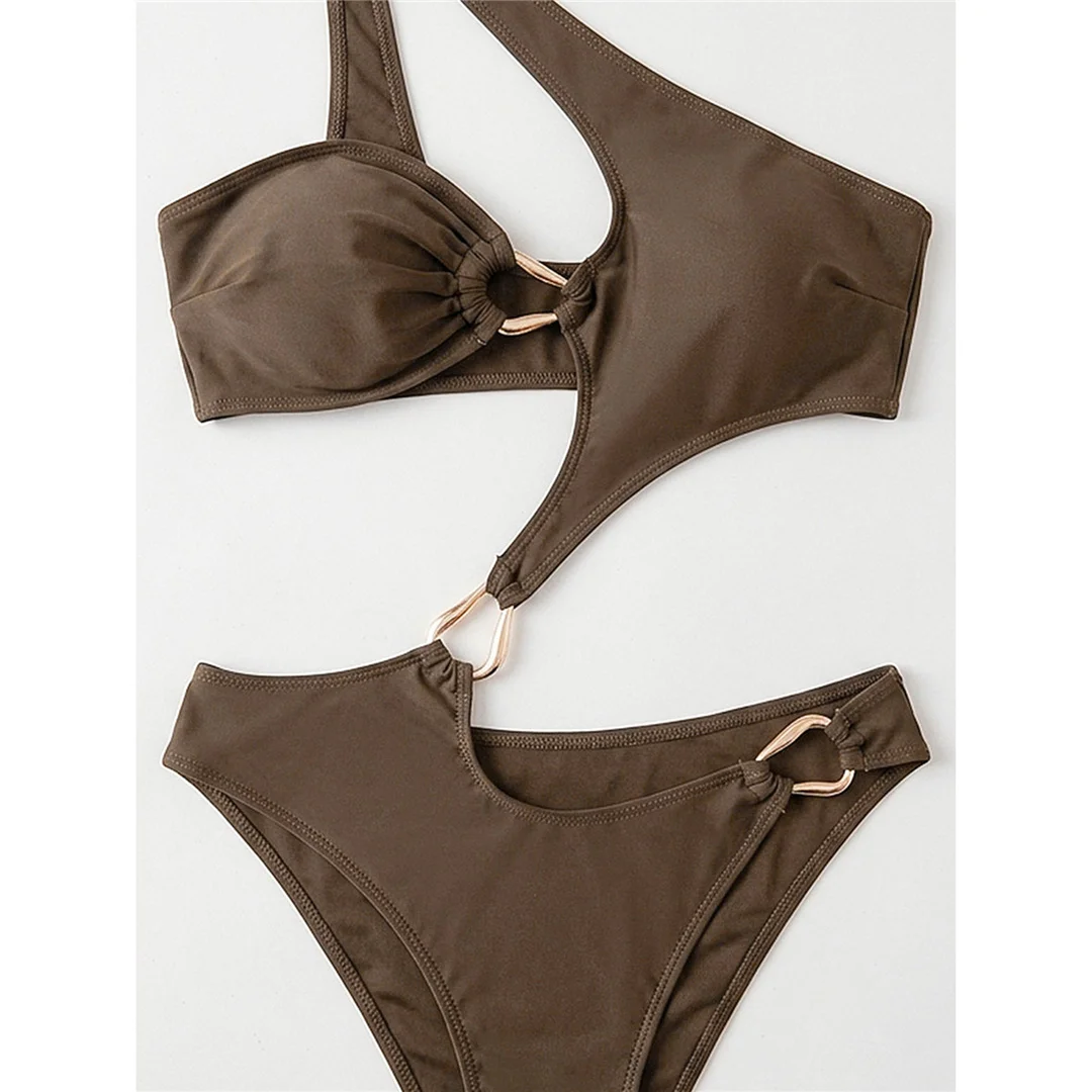 Asymmetrischer One-Shoulder-Badeanzug mit Cut-Outs, Damen-Bademode, weiblicher Badeanzug mit Metallring und hohem Beinausschnitt, Badeanzug, Schwimmanzug V8265 – Detail 6