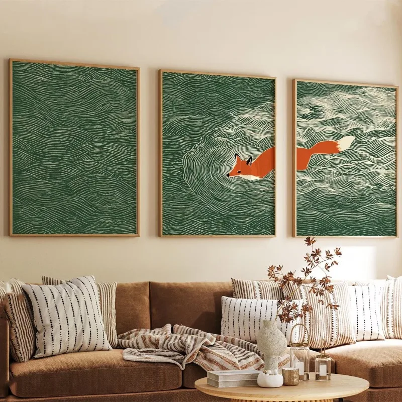 Juego de 3 cuadros sin marco con diseño de zorro japonés y océano, arte para pared. | Tríptico de Ondas Verdes | 3 carteles decorativos para el hogar, arte en lienzo sin marco