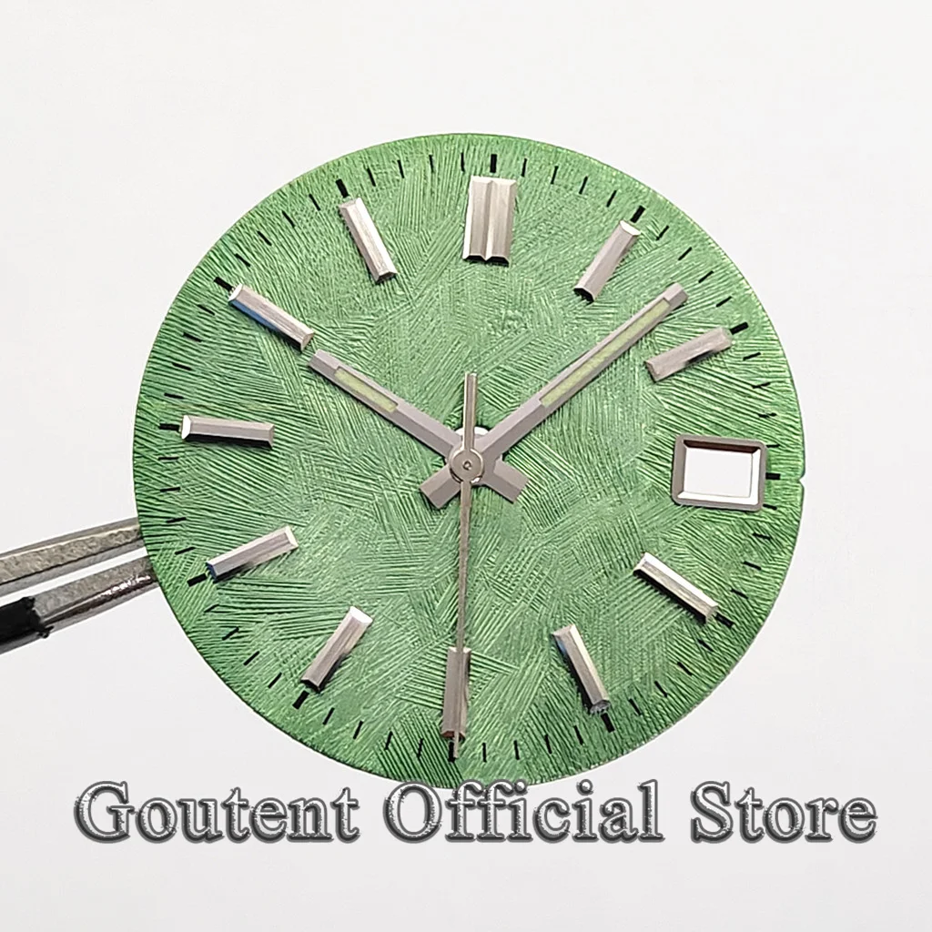 Goutent 28.5mm Green Texture Sterile Watch Dial Date Window Luminous Indices Fit NH34 NH35 Movement Watch Mod Replacement Parts