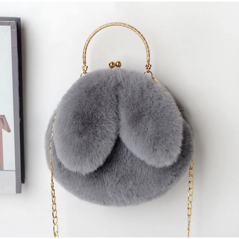 Weiche, flauschige Plüsch-Handtasche mit Henkel, niedliche Umhängetasche mit Hasenohren und Kette, warme Winter-Clutch, leichte Handytasche – Detail 11