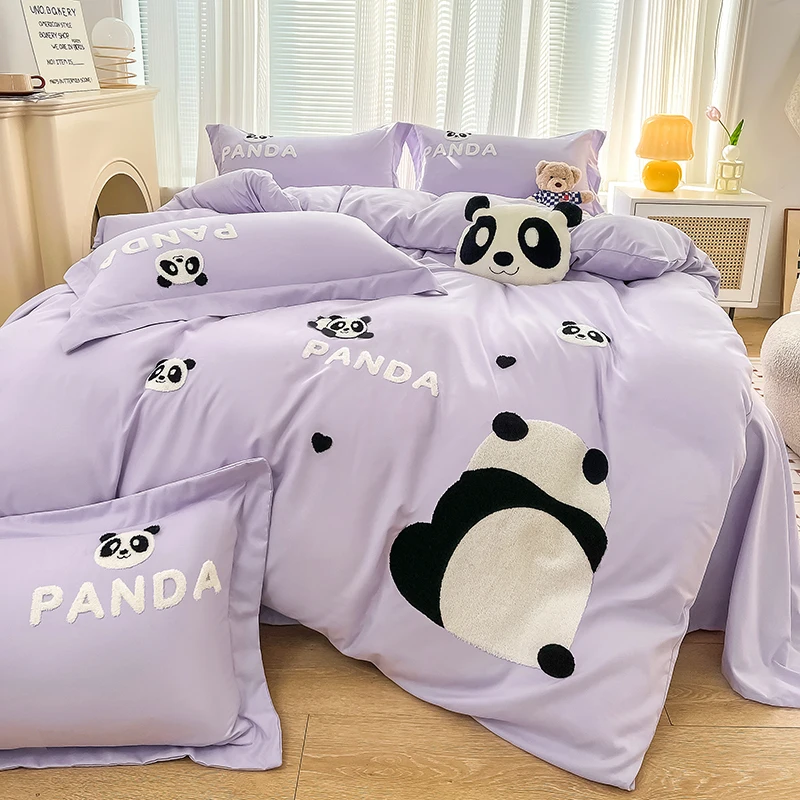 Comforter Sets Ins Style Bedding Set Panda Single Flat Sheet Duvet Cover Pillowcase Purple Towel Embroidery Queen Size Bed Linen