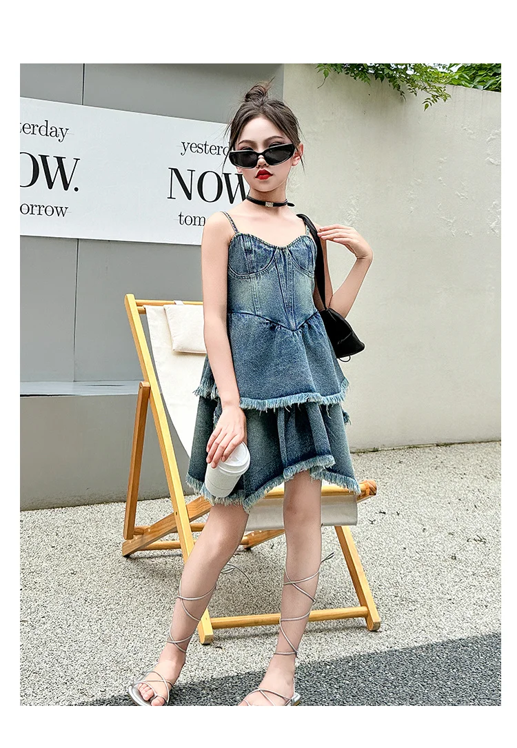 Jeanskleider für Teenager-Mädchen, ärmellose Sommerkleider, einteilige Kleidung, Kinder-Jumpsuit, Overalls, einfarbiges Kleid, modisches Kinderkostüm – Detail 7