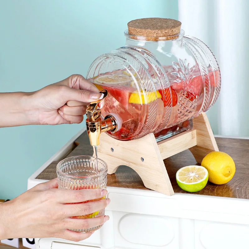 Glass Bottle for Soaking Wine with Faucet, Wooden Stopper Cap, Sealed Beverage Bucket, Fruit Wine