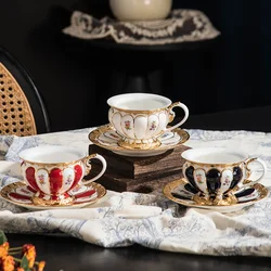 Luxury European Tea Set High-End Coffee Cups and Plates Style Reliefs with Gold Painting Techniques Fine Porcelain