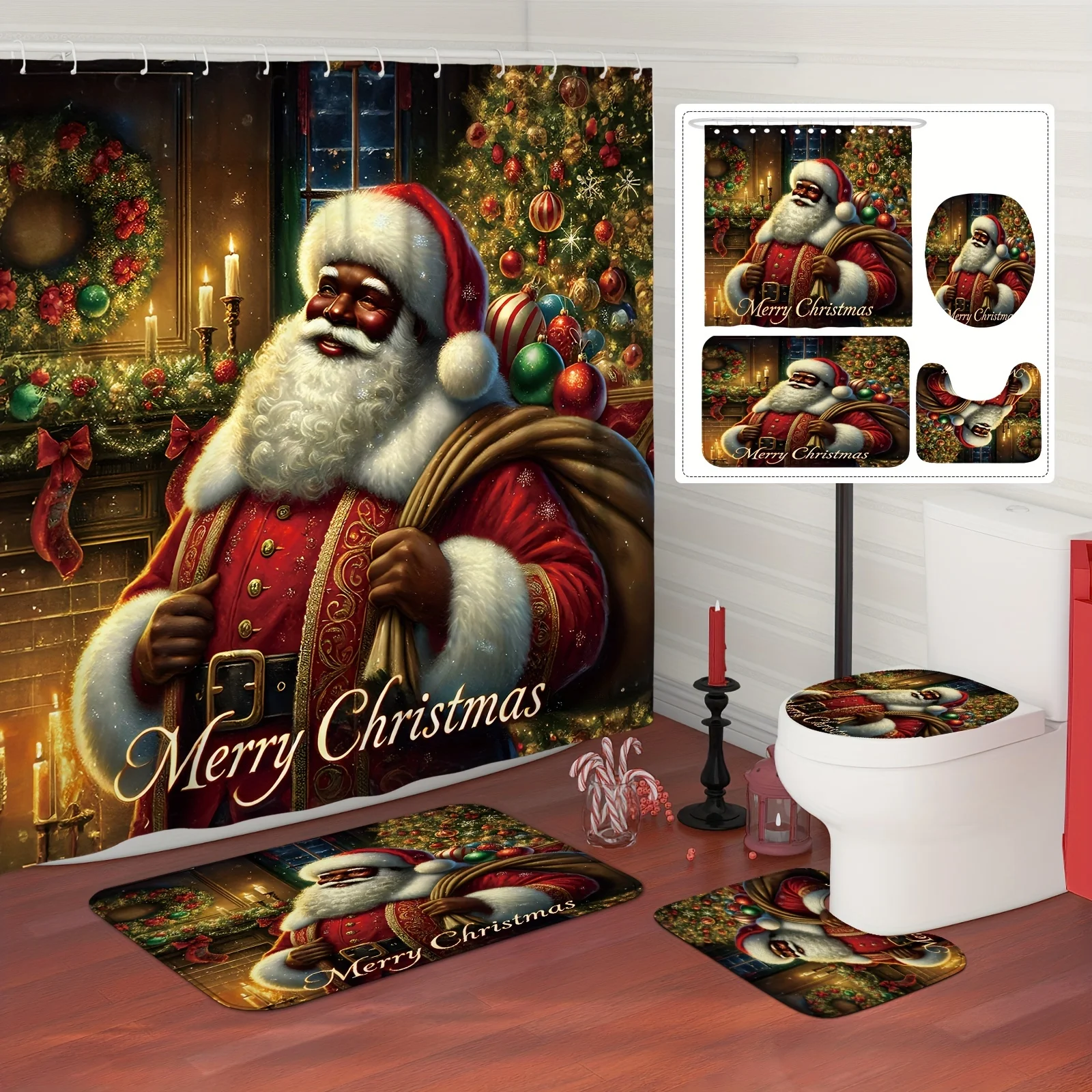 4Pcs Christmas Shower Curtain Set with Santa Tree Wreath, Cute Red Polyester Decor with 12 Hooks, Non-slip Mat, Xmas Gift