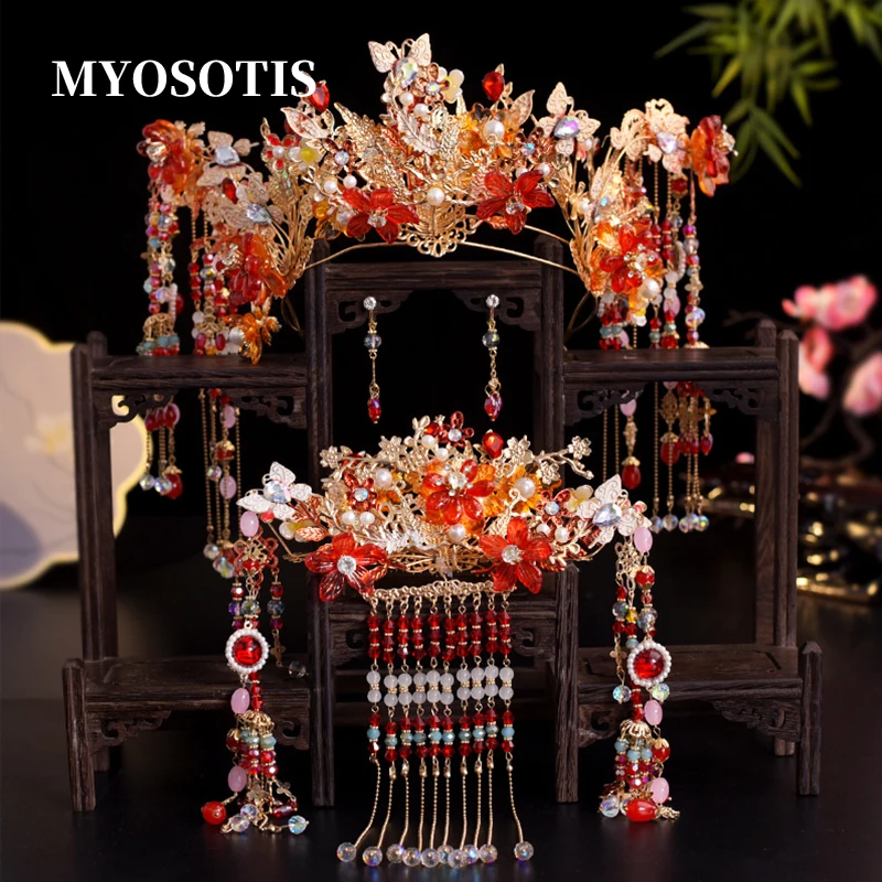 Tranditional Bride Crown Hair Comb Hairpins Chinese Style Wedding Xiuhe Headdress Ancient Hanfu Hair Accessory Floral Headbands