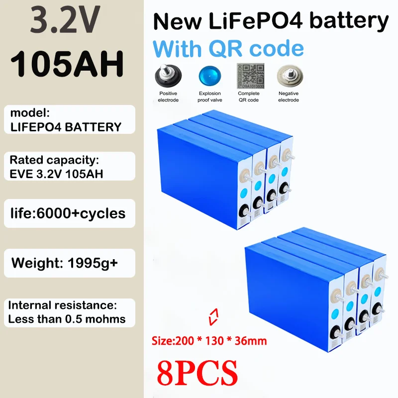 8pcs 3.2V 105Ah Lifepo4 Rechargeable Prismatic Batteries Cell Long Cycle Life EVE Top-brand For DIY 12V 24V 48V Battery Pack