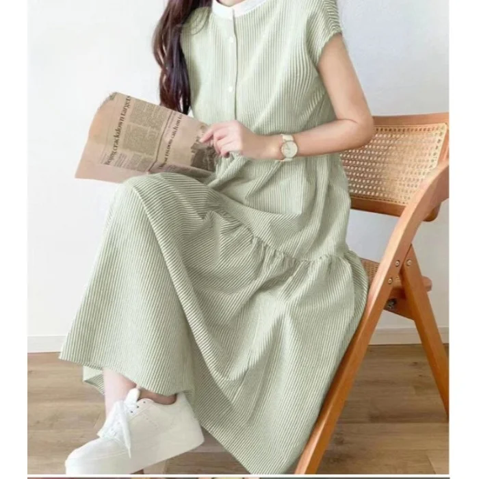Sweet Korean Style Summer Sleeveless round Neck Striped Dress New Color Polka Dot Button Detail A-Line Long Dress for Women