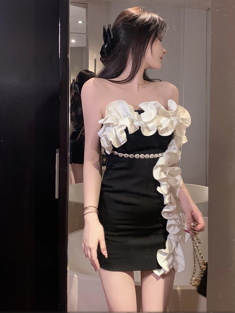 Strapless Black Mini Length Bodycon Wedding Dress With Flowers Sexy Floral Party Dresses