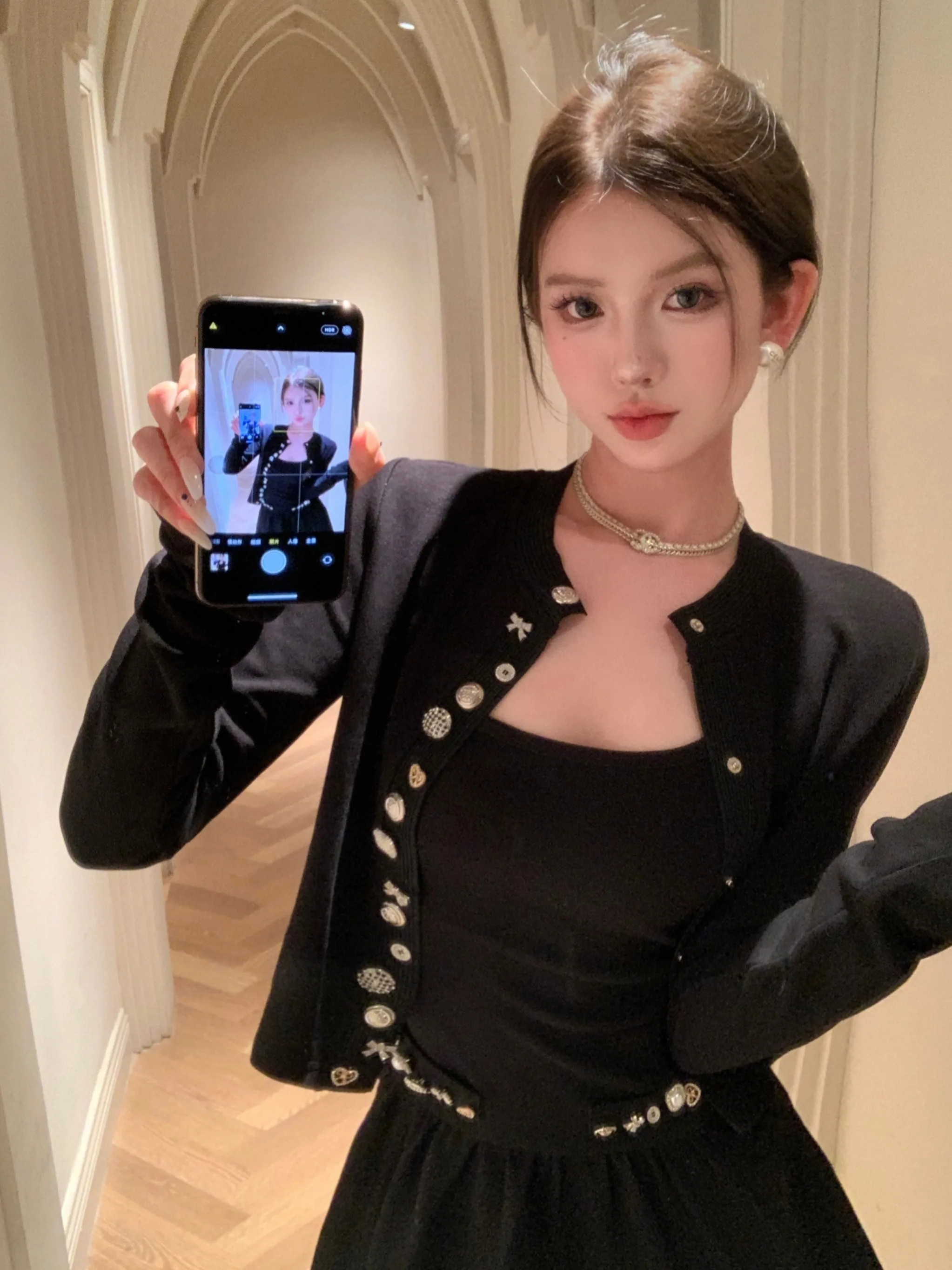 

Fashionable Knitted Long Sleeve Set with Button Detail Women's Dress And Cardigan Two-Piece Black Spring Collection