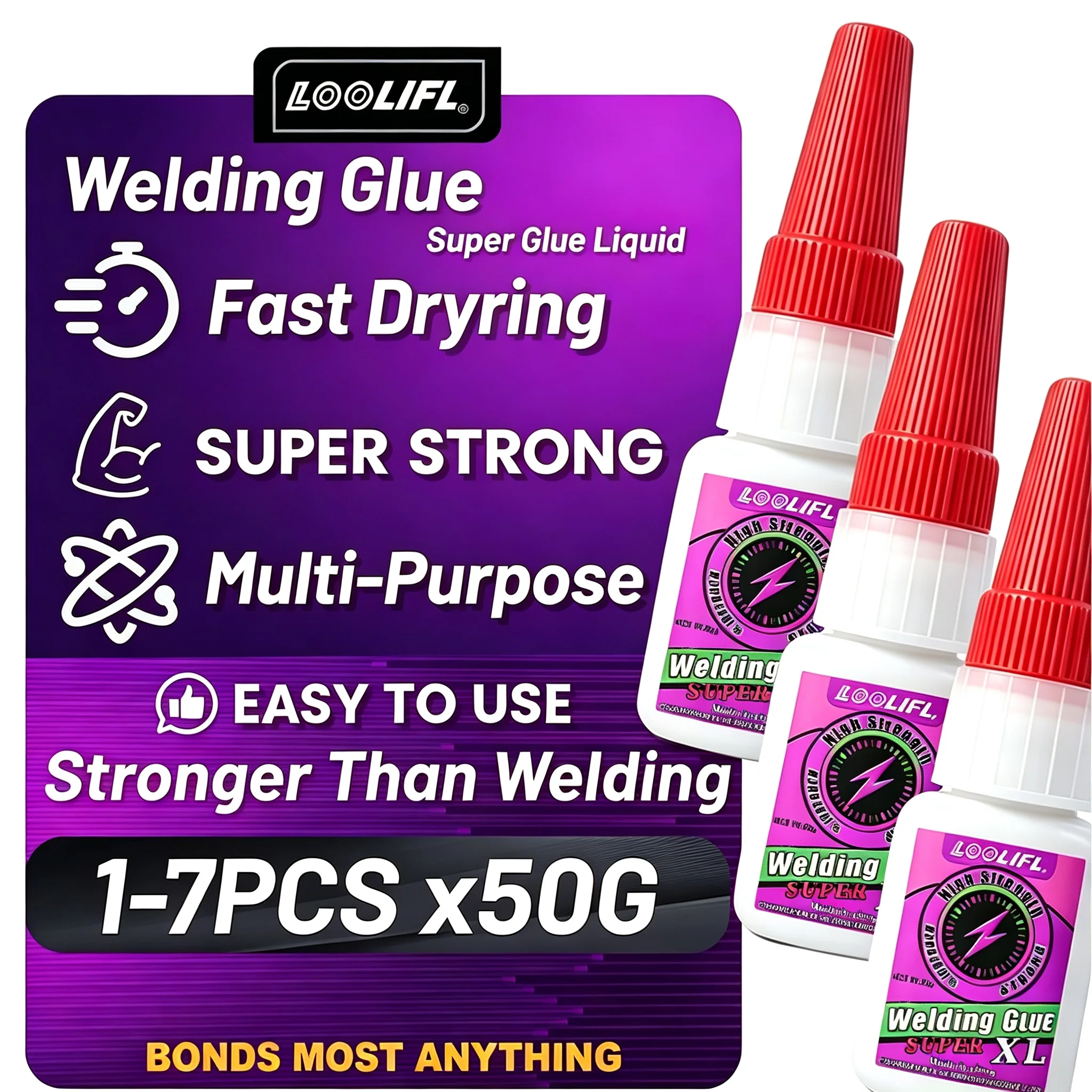 Loolifl Welding Glue Super Large Package, Available in 1-7 Pieces, Each Bottle Contains 20 Grams, Stronger Than General-Purpose Instant Strong Glue, Fast-Drying High-Strength Cyanoacrylate Adhesive, Universal Transparent Strong Glue Suitable for Plastic, Metal, Rubber, Ceramics, Wood, Leather, for Home Repairs, DIY Crafts, Damaged Item Repair, Handicrafts, and Model Making