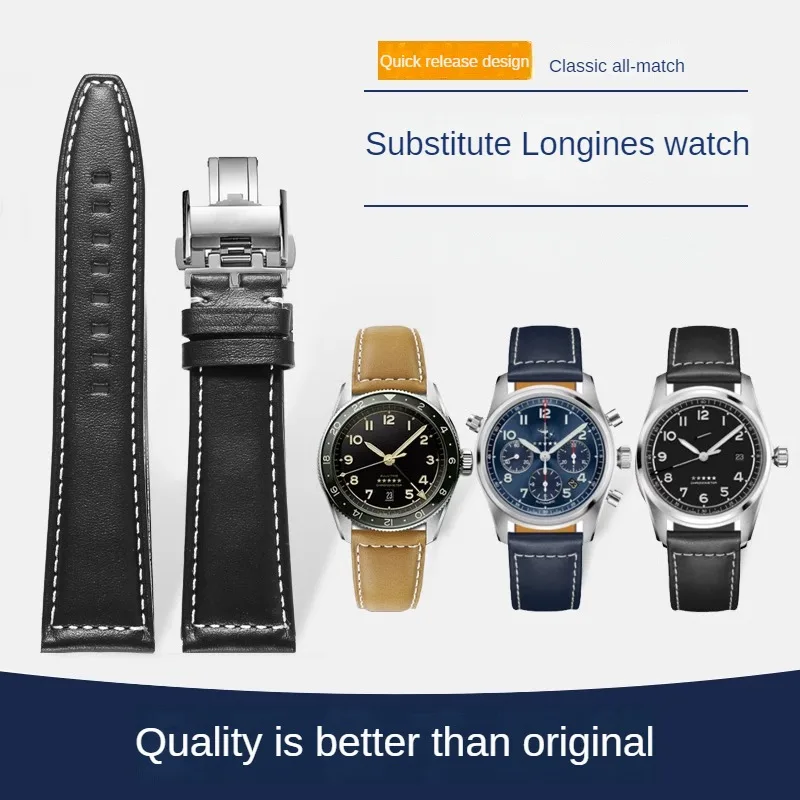 Cowhide Watch Strap Substitute Forerunner/Aviator/Concas/Master Series Flat Straight Leather Original Watchband 21/22mm