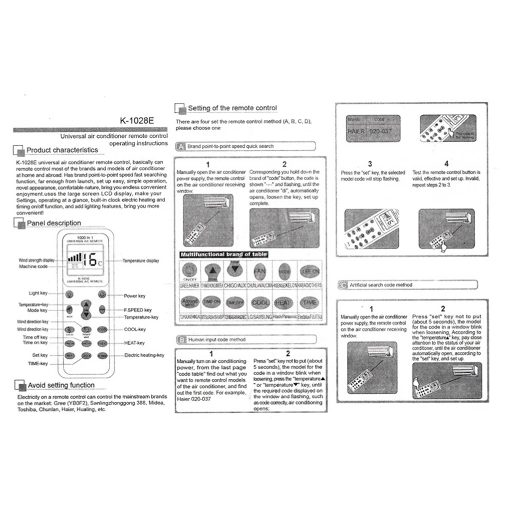 Universal 1000 In 1 air conditioner remote control K-1028E one-key setting Low Power Consumption Ac Air Conditioner Suits Most