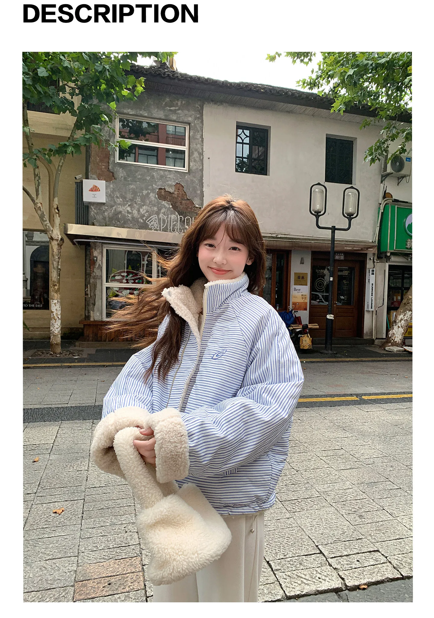 Korean Women's Reversible Striped Jacket Autumn Winter Stand Collar Fleece Lined Padded Coats Woman Loose Casual Plush Jackets